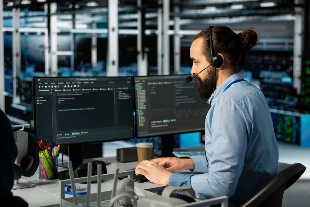 Gelişmiş bir veri merkezinde çift monitöründen sistem kodlarını inceleyen ve it sektörü nedir sorusunun temelini oluşturan altyapı operasyonlarını yürüten uzman.